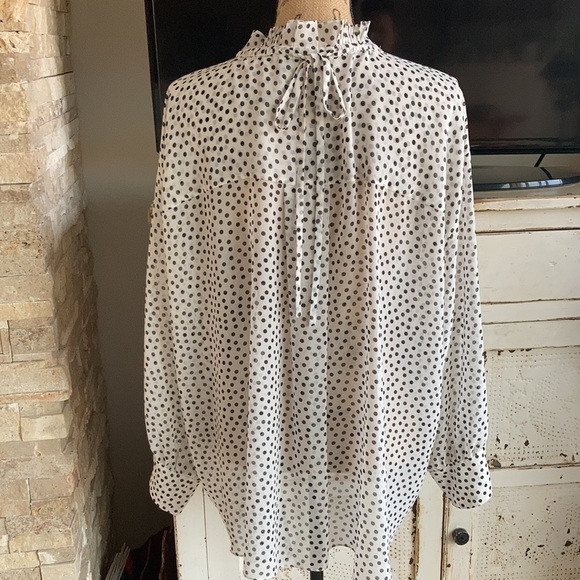 Zara oversized white sheer blouse black polka dots high ruffle neck button down - Picture 11 of 15